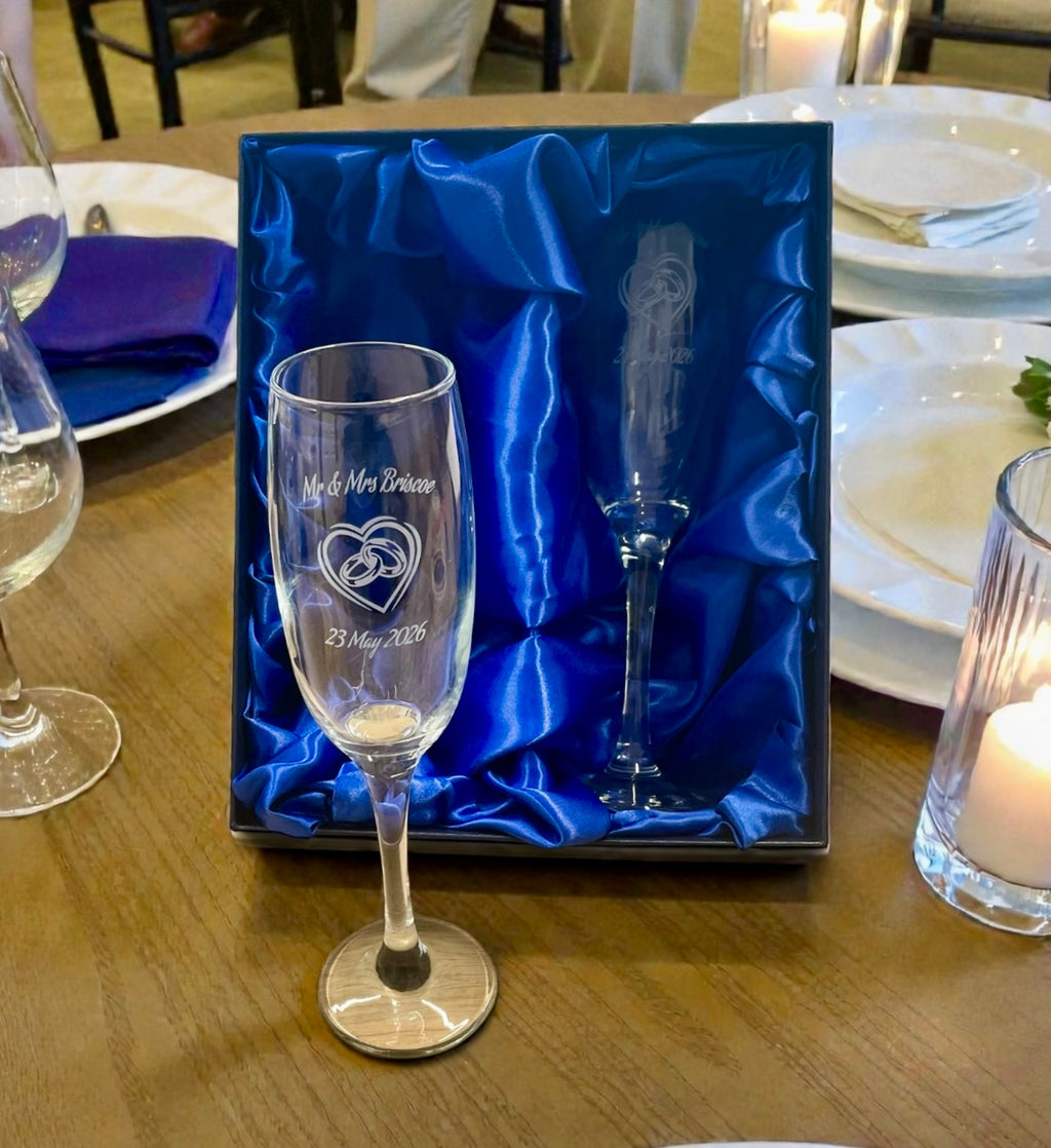 Your message on wedding champagne glasses